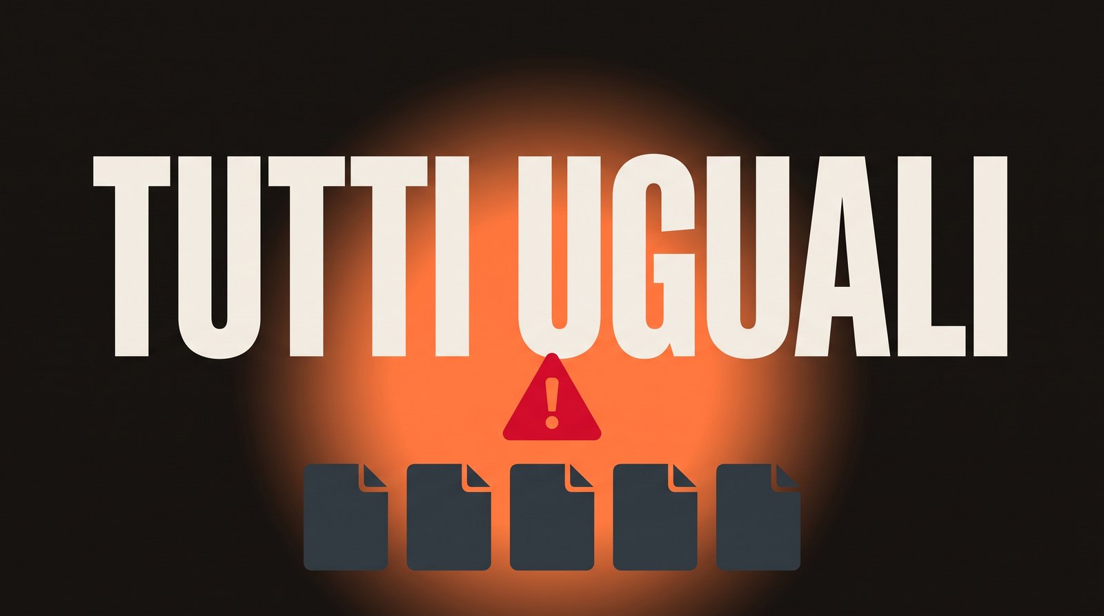 Cinque documenti identici in fila con un segnale di attenzione