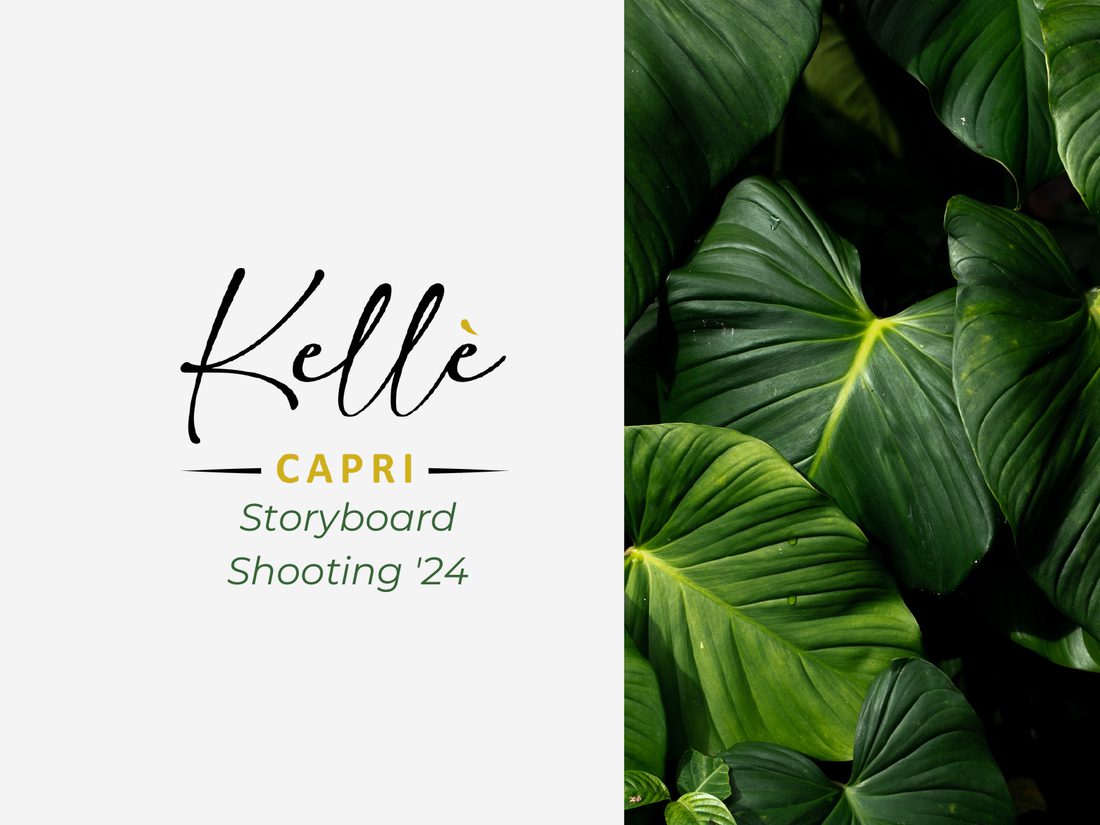 Kellè — concept dello shooting, logo del marchio su fogliame tropicale