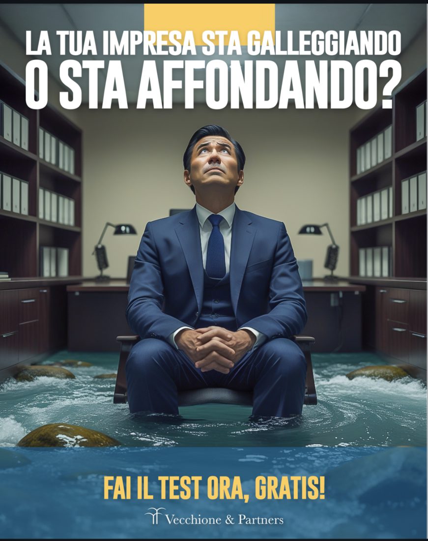 Creatività della campagna «Diagnosi» per Vecchione & Partners: «La tua impresa sta galleggiando o sta affondando? Fai il test ora.»